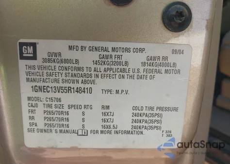 2005 Chevrolet Tahoe Ls from USA, damaged, VIN 1GNEC13V55R148410